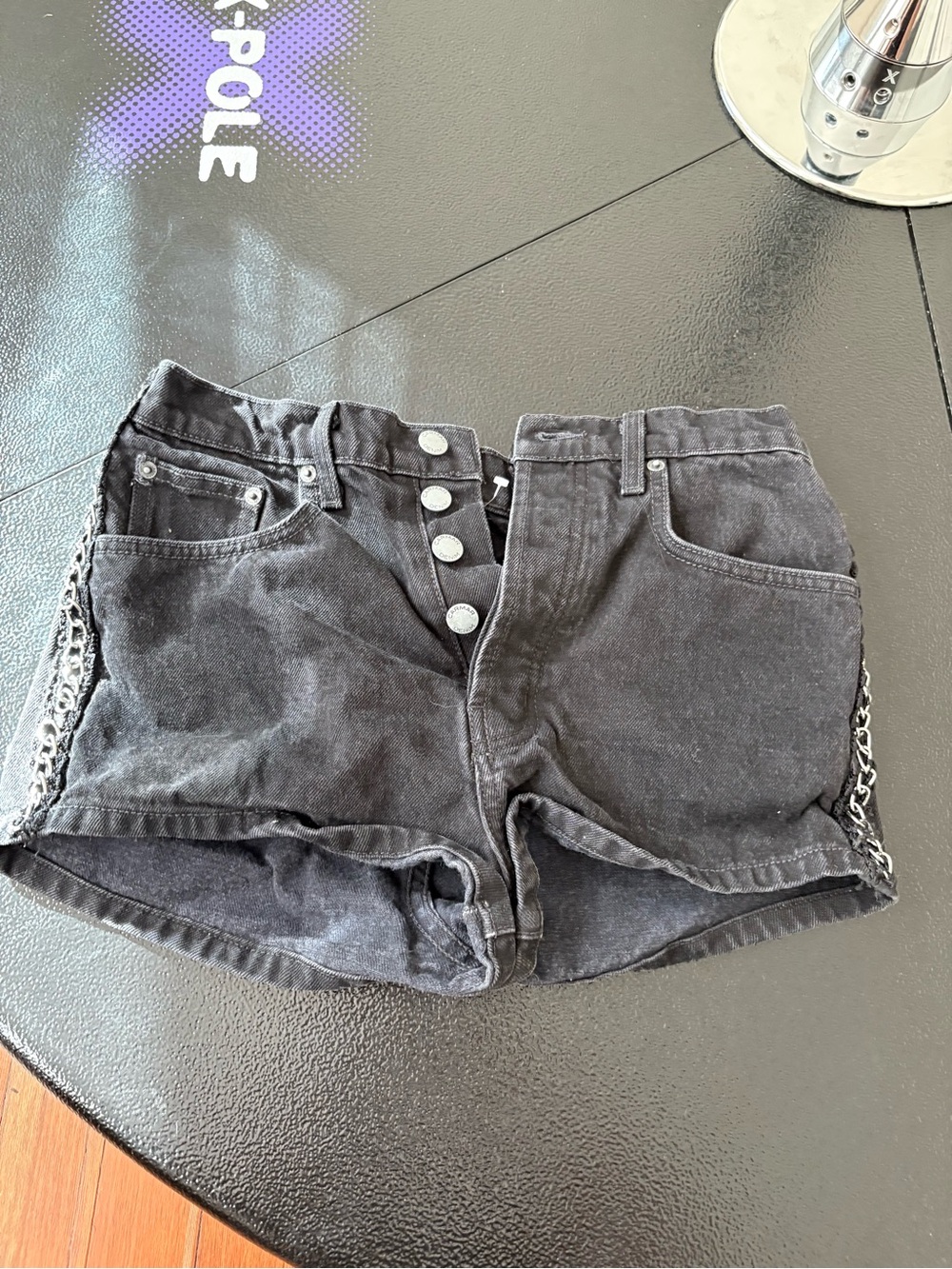 Black Denim Button-Front Shorts with Side Chain Detail